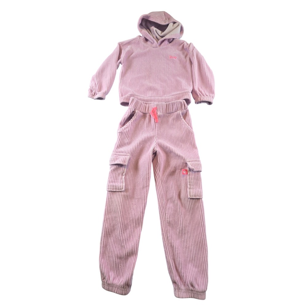 Juicy Couture Girls Pink Ribbed Velour Sparkle Hoodie and Cargo Joggers Set 4
